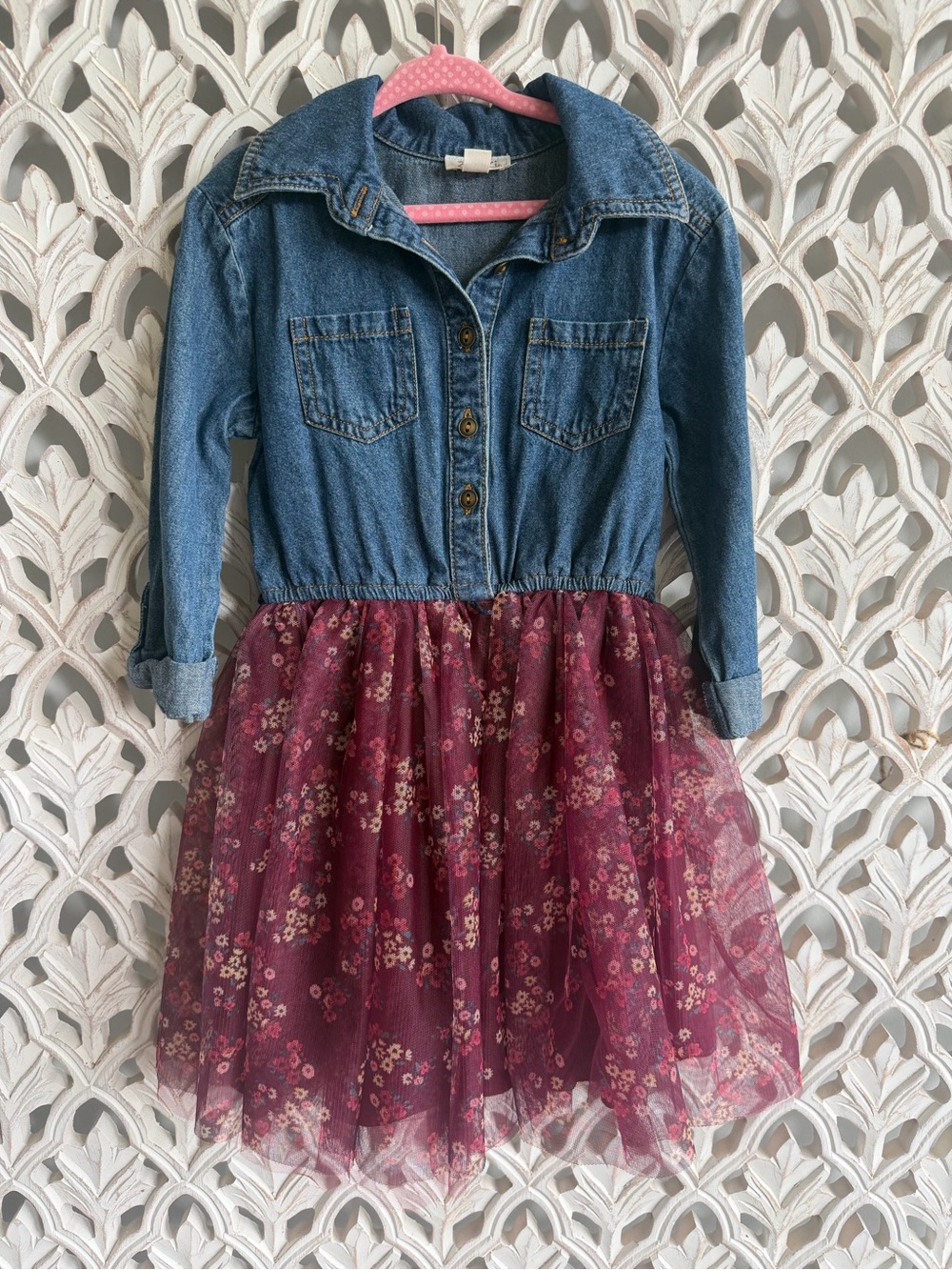 Zenzi Girls Denim Floral Tulle Dress Size XS Long Sleeve